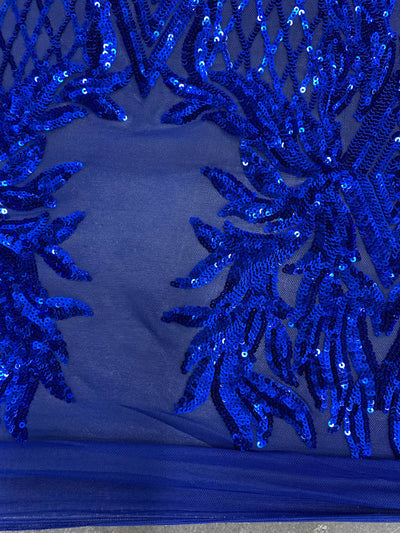 Francesca ROYAL BLUE Vines and Diamonds Pattern Sequins on Mesh Lace Fabric by the Yard - 10130