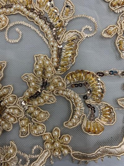 Jayla CHAMPAGNE Floral Embroidery with Beads and Sequins on Mesh Lace Fabric by the Yard - 10044