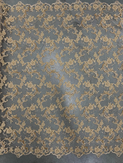 Jayla CHAMPAGNE Floral Embroidery with Beads and Sequins on Mesh Lace Fabric by the Yard - 10044