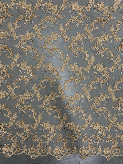 Jayla CHAMPAGNE Floral Embroidery with Beads and Sequins on Mesh Lace Fabric by the Yard - 10044