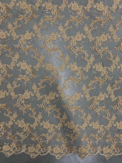 Jayla CHAMPAGNE Floral Embroidery with Beads and Sequins on Mesh Lace Fabric by the Yard - 10044