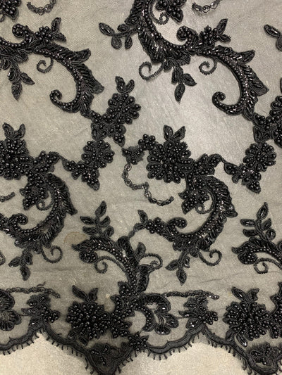 Jayla BLACK Floral Embroidery with Beads and Sequins on Mesh Lace Fabric by the Yard - 10044