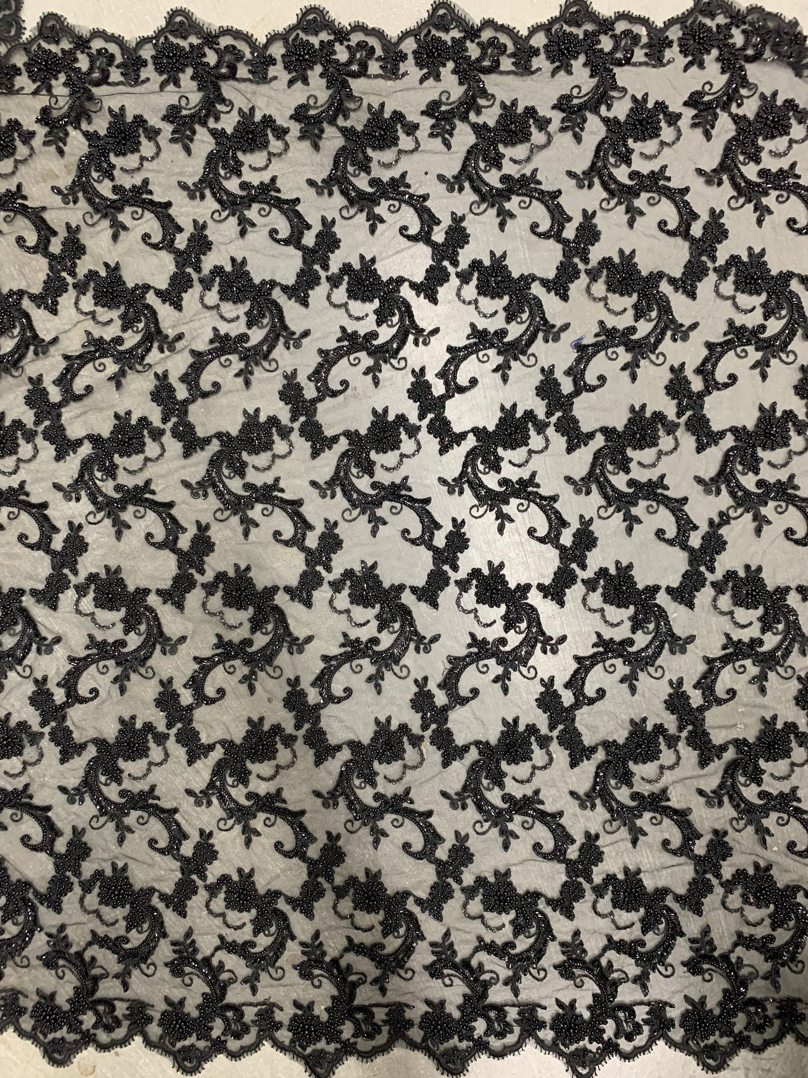 Jayla BLACK Floral Embroidery with Beads and Sequins on Mesh Lace Fabric by the Yard - 10044