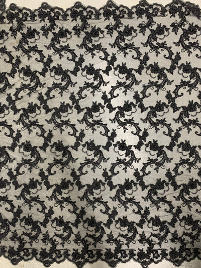 Jayla BLACK Floral Embroidery with Beads and Sequins on Mesh Lace Fabric by the Yard - 10044