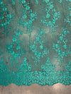 Teagan TEAL GREEN Damask Design Embroidered on Mesh Lace Fabric by the Yard - 10027