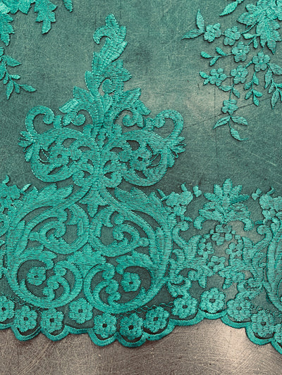 Teagan TEAL GREEN Damask Design Embroidered on Mesh Lace Fabric by the Yard - 10027