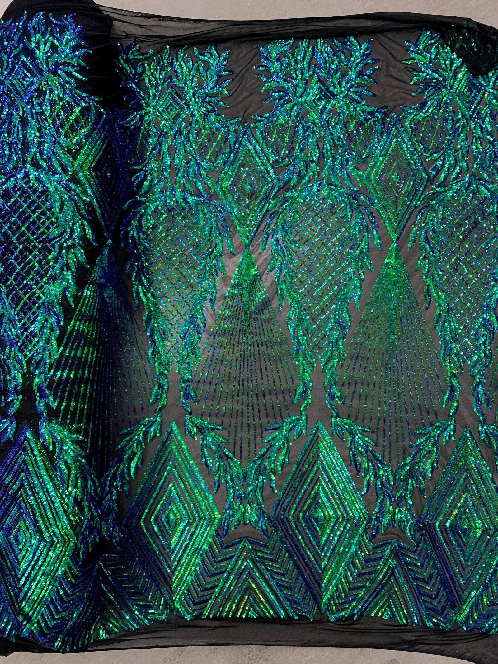Francesca IRIDESCENT GREEN BLUE Mermaid Vines and Diamonds Pattern Sequins on Mesh Lace Fabric by the Yard - 10130