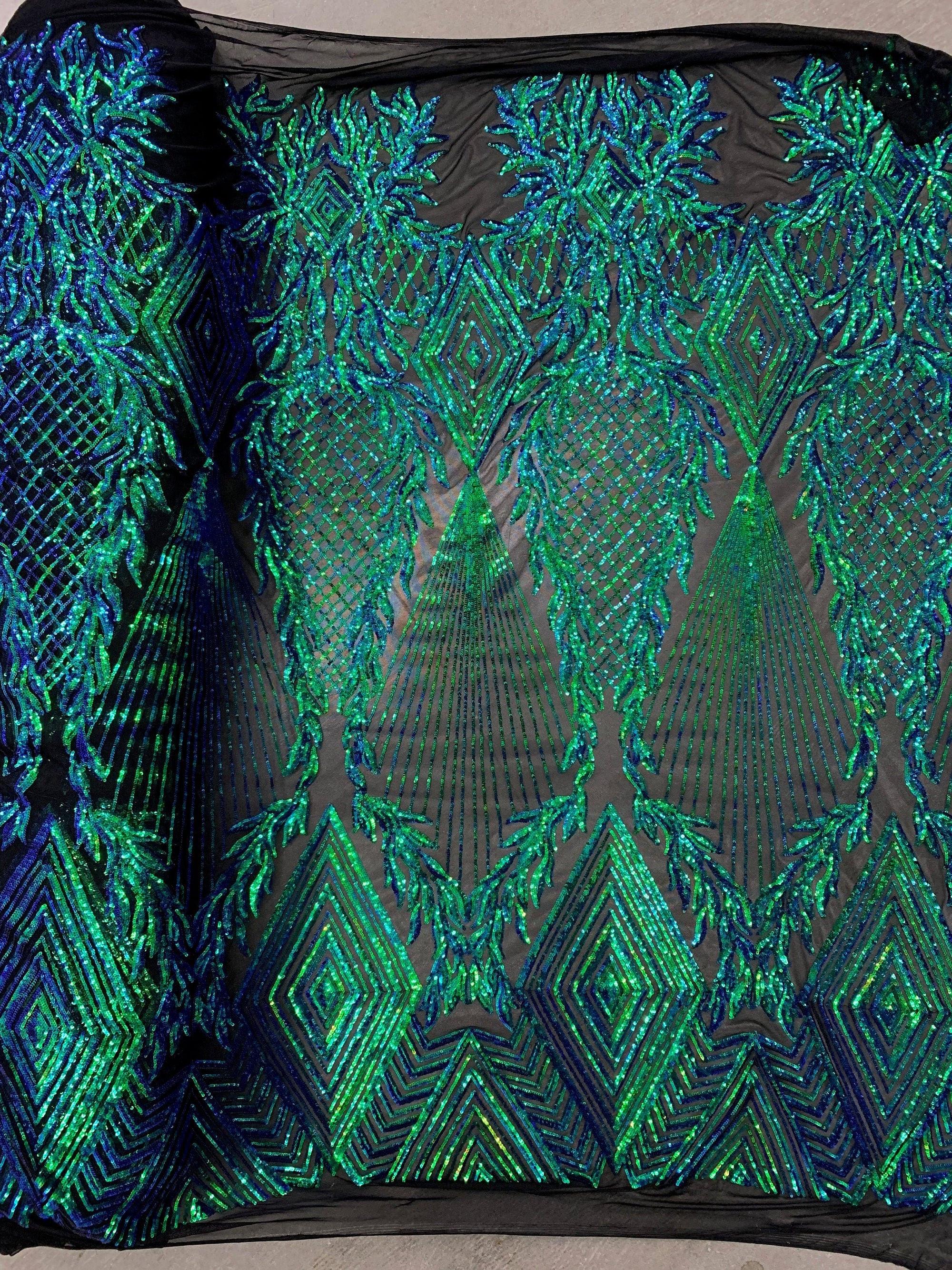 Francesca IRIDESCENT GREEN BLUE Mermaid Vines and Diamonds Pattern Sequins on Mesh Lace Fabric by the Yard - 10130
