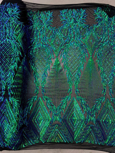 Francesca IRIDESCENT GREEN BLUE Mermaid Vines and Diamonds Pattern Sequins on Mesh Lace Fabric by the Yard - 10130