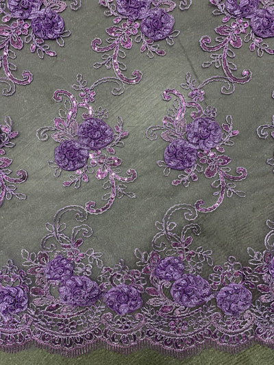 Ryleigh LAVENDER 3D Floral Embroidery with Foil & Sequins on Mesh Lace Fabric by the Yard - 10010