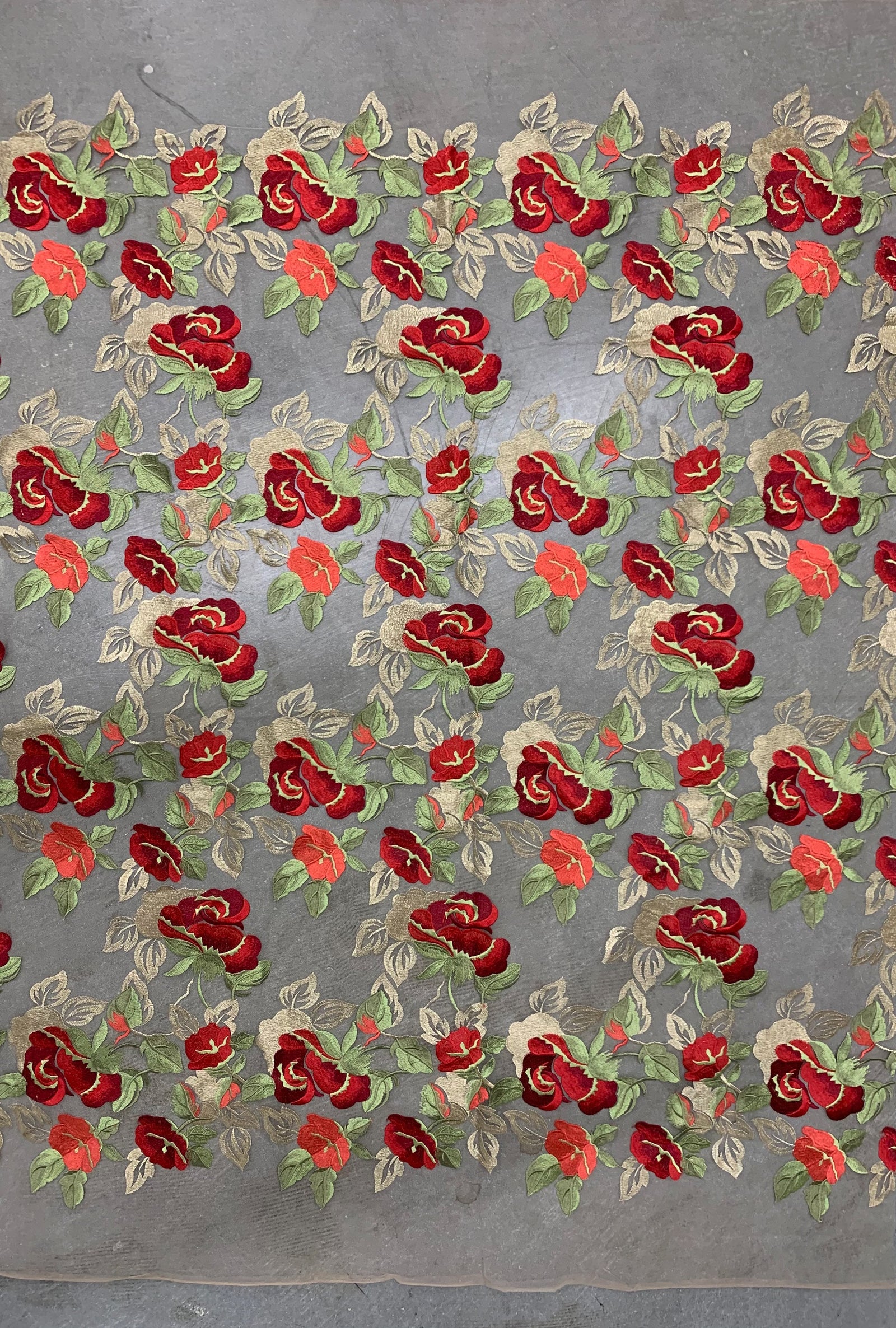 Priscilla RED GOLD Floral and Leaves Embroidery on Mesh Lace Fabric by the Yard - 10157