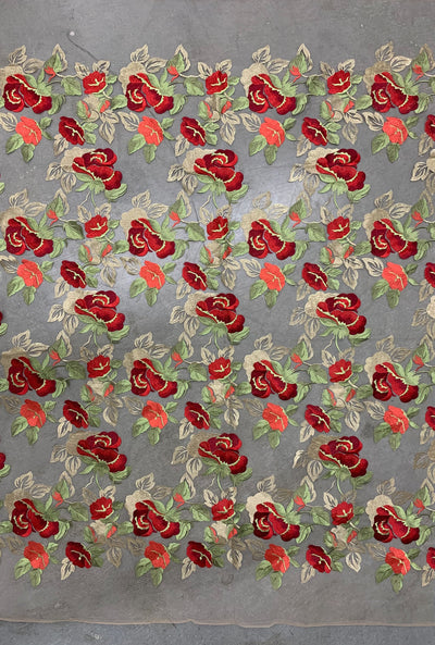 Priscilla RED GOLD Floral and Leaves Embroidery on Mesh Lace Fabric by the Yard - 10157
