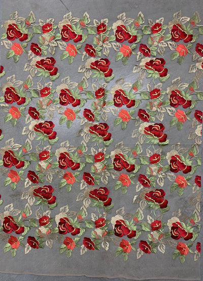 Priscilla RED GOLD Floral and Leaves Embroidery on Mesh Lace Fabric by the Yard - 10157
