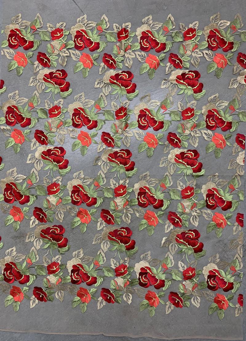 Priscilla RED GOLD Floral and Leaves Embroidery on Mesh Lace Fabric by the Yard - 10157