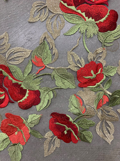 Priscilla RED GOLD Floral and Leaves Embroidery on Mesh Lace Fabric by the Yard - 10157