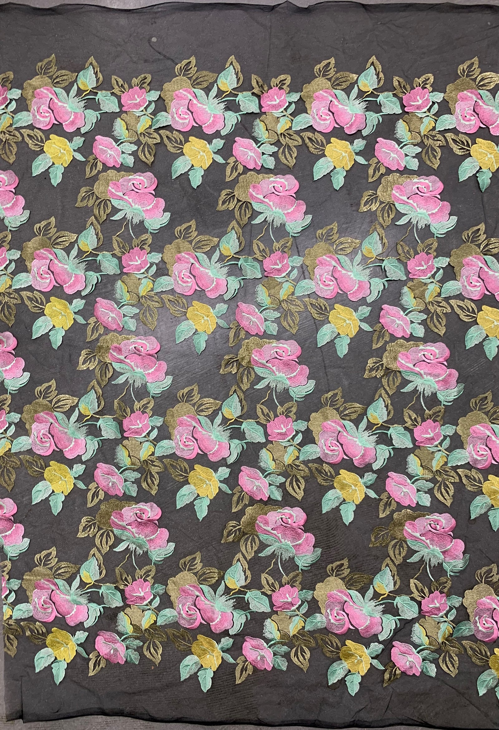 Priscilla PINK YELLOW Floral and Leaves Embroidery on BLACK Mesh Lace Fabric by the Yard - 10157