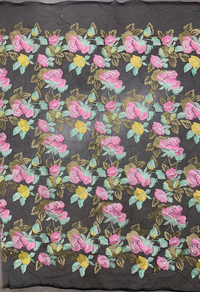 Priscilla PINK YELLOW Floral and Leaves Embroidery on BLACK Mesh Lace Fabric by the Yard - 10157