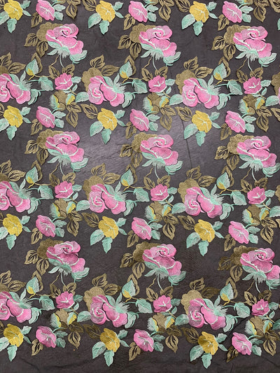 Priscilla PINK YELLOW Floral and Leaves Embroidery on BLACK Mesh Lace Fabric by the Yard - 10157