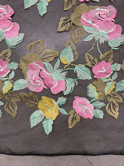 Priscilla PINK YELLOW Floral and Leaves Embroidery on BLACK Mesh Lace Fabric by the Yard - 10157