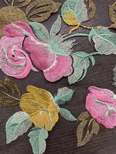 Priscilla PINK YELLOW Floral and Leaves Embroidery on BLACK Mesh Lace Fabric by the Yard - 10157