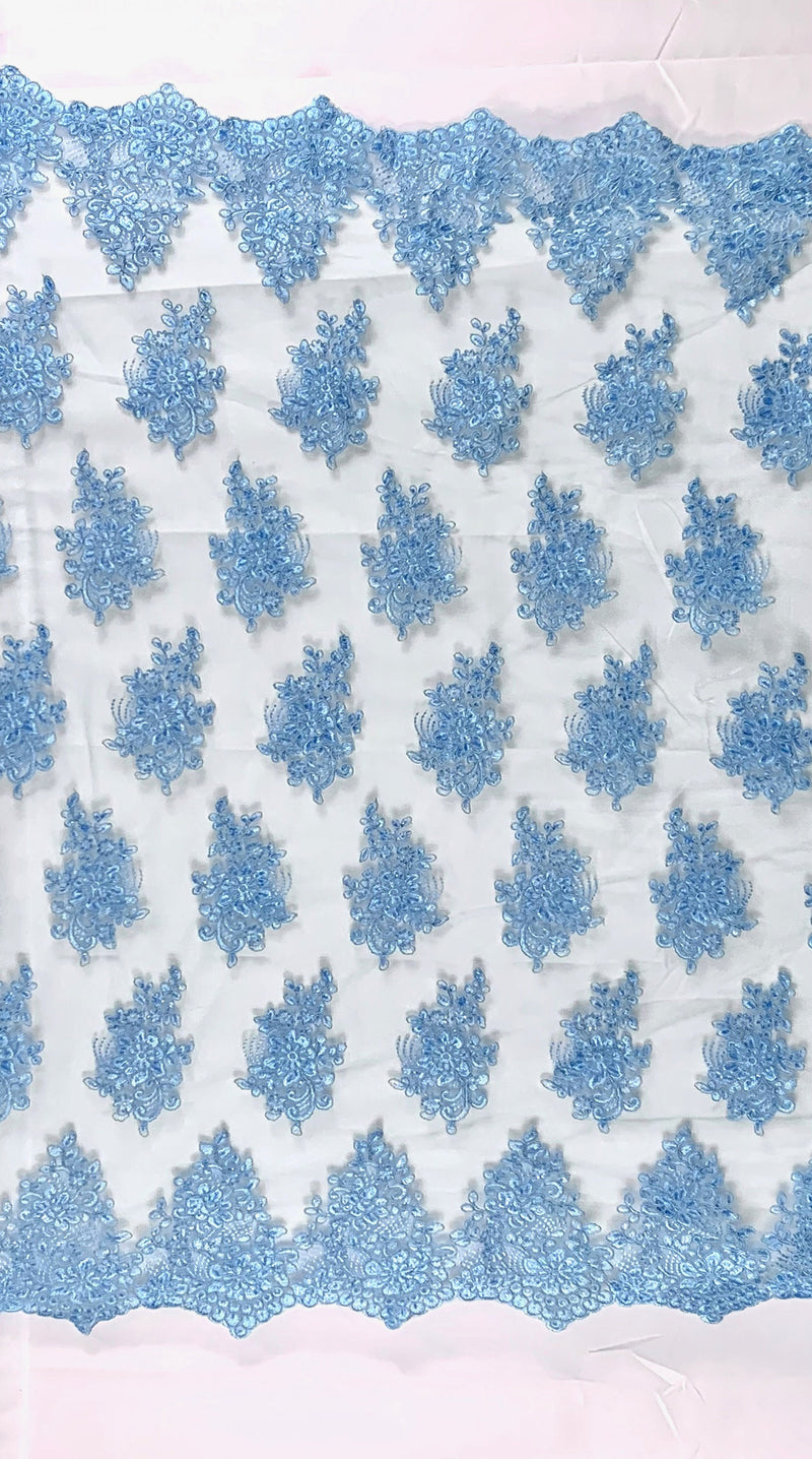 Brianna LIGHT BLUE Polyester Floral Embroidery with Sequins on Mesh Lace Fabric by the Yard - 10020