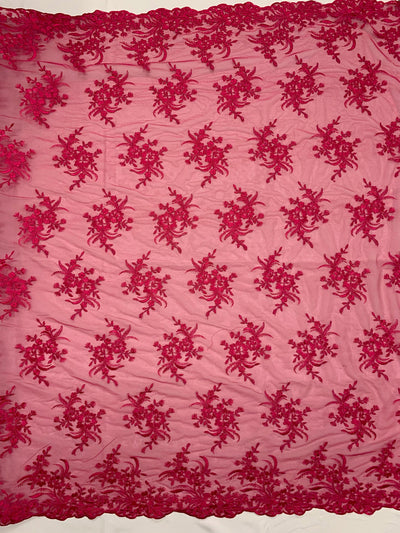 Callie HOT PINK Polyester Floral Corsage Embroidery on Mesh Lace Fabric by the Yard - 10025