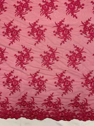Callie HOT PINK Polyester Floral Corsage Embroidery on Mesh Lace Fabric by the Yard - 10025