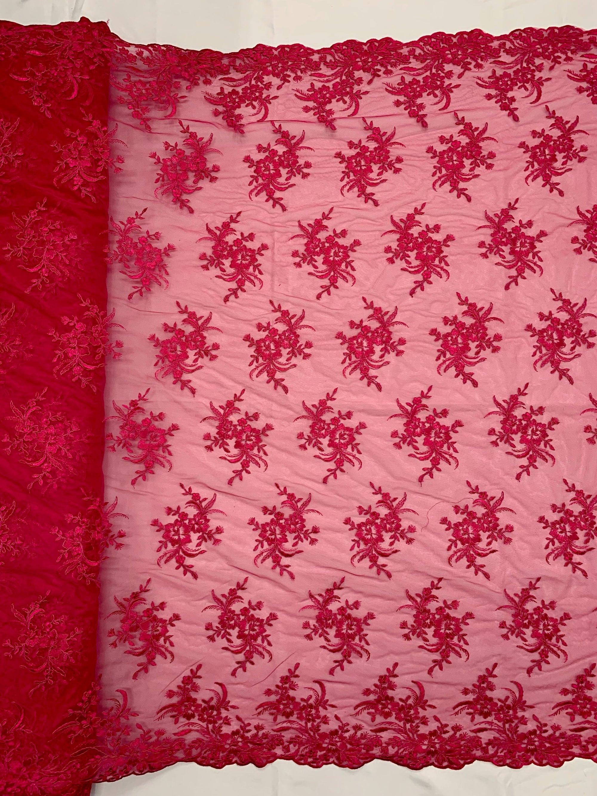 Callie HOT PINK Polyester Floral Corsage Embroidery on Mesh Lace Fabric by the Yard - 10025