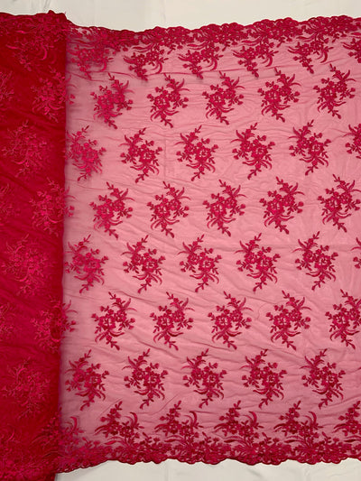Callie HOT PINK Polyester Floral Corsage Embroidery on Mesh Lace Fabric by the Yard - 10025