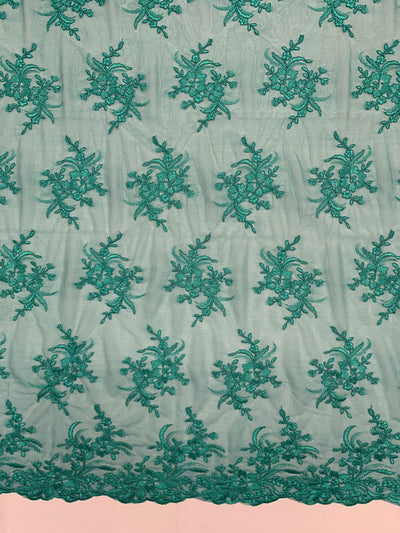 Callie TEAL Polyester Floral Corsage Embroidery on Mesh Lace Fabric by the Yard - 10025