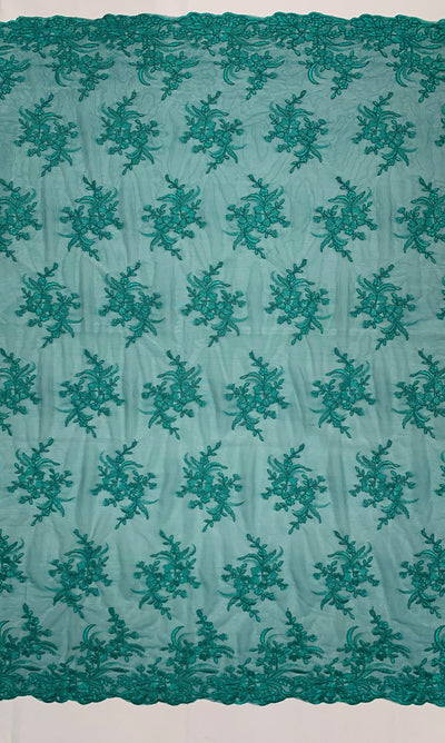 Callie TEAL Polyester Floral Corsage Embroidery on Mesh Lace Fabric by the Yard - 10025