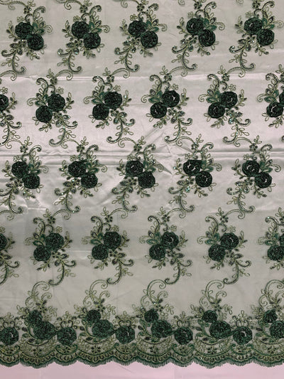 Ryleigh HUNTER GREEN 3D Floral Embroidery with Gold Foil & Sequins on Mesh Lace Fabric by the Yard - 10010
