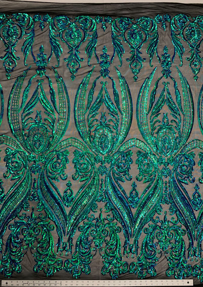 Alaina IRIDESCENT GREEN BLUE Mermaid Curlicue Sequins on Mesh Lace Fabric by the Yard - 10018