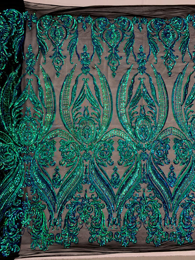 Alaina IRIDESCENT GREEN BLUE Mermaid Curlicue Sequins on Mesh Lace Fabric by the Yard - 10018