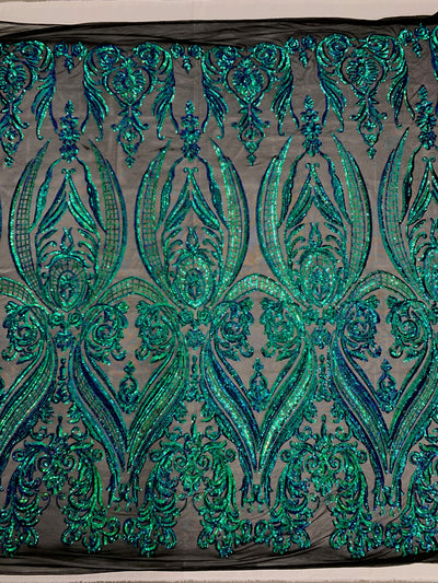 Alaina IRIDESCENT GREEN BLUE Mermaid Curlicue Sequins on Mesh Lace Fabric by the Yard - 10018