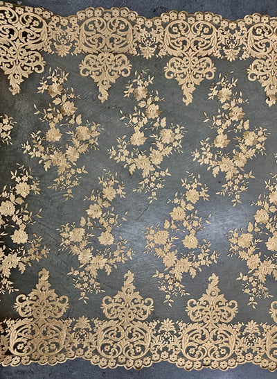 Teagan GOLD Damask Design Embroidered on Mesh Lace Fabric by the Yard - 10027