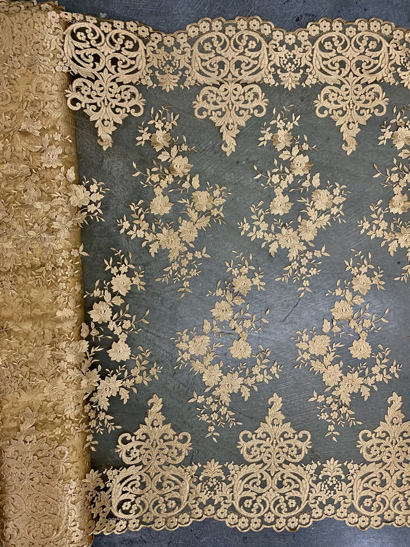 Teagan GOLD Damask Design Embroidered on Mesh Lace Fabric by the Yard - 10027