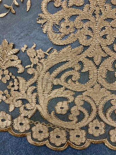 Teagan GOLD Damask Design Embroidered on Mesh Lace Fabric by the Yard - 10027