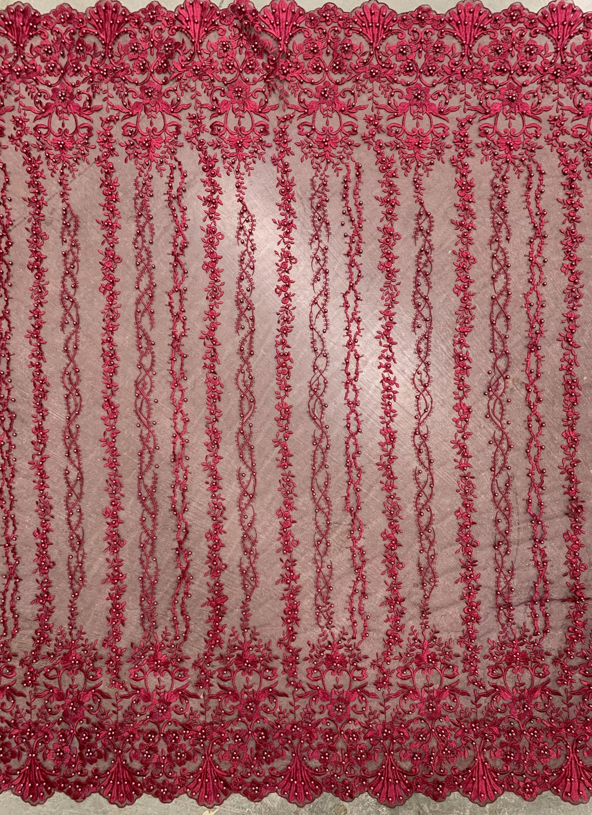 Daphne BURGUNDY Faux Pearls Beaded Flowers and Vines Lace Embroidery on Mesh Fabric by the Yard - 10103