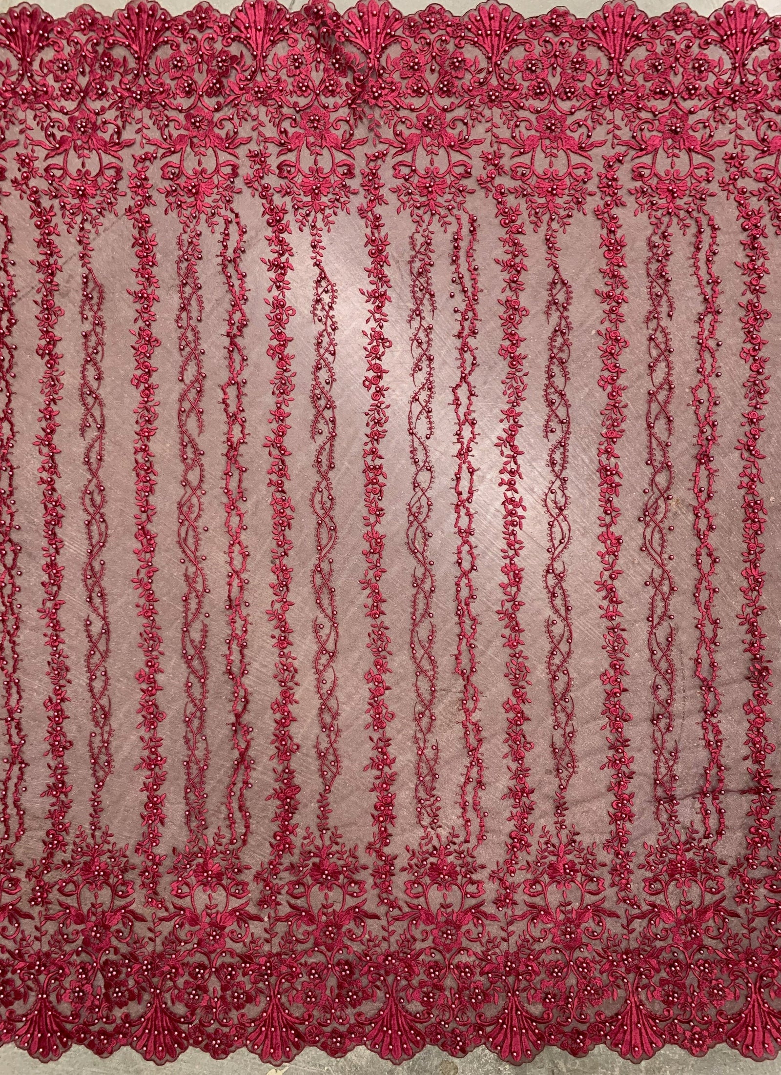 Daphne BURGUNDY Faux Pearls Beaded Flowers and Vines Lace Embroidery on Mesh Fabric by the Yard - 10103