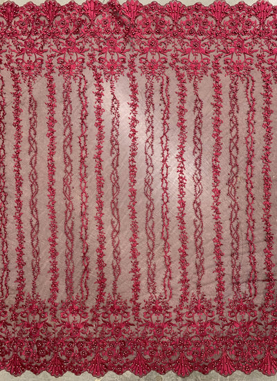 Daphne BURGUNDY Faux Pearls Beaded Flowers and Vines Lace Embroidery on Mesh Fabric by the Yard - 10103
