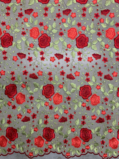 Iris RED Floral and Leaves Embroidery on NUDE Mesh Lace Fabric by the Yard - 10006