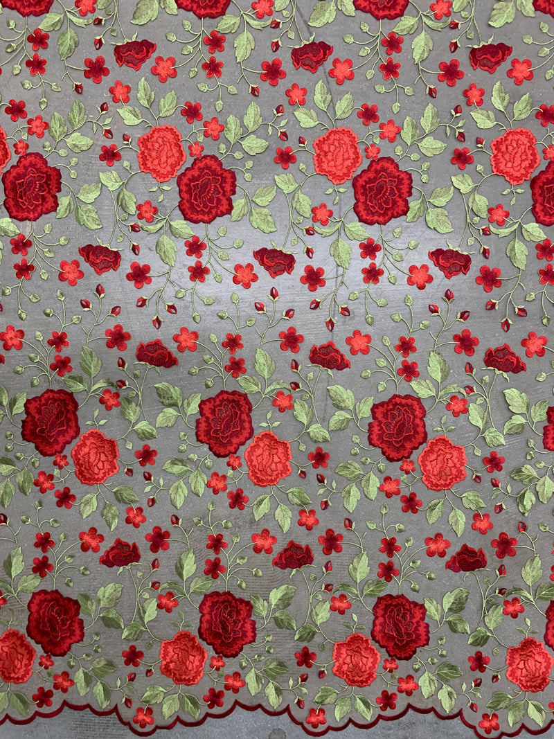 Iris RED Floral and Leaves Embroidery on NUDE Mesh Lace Fabric by the Yard - 10006