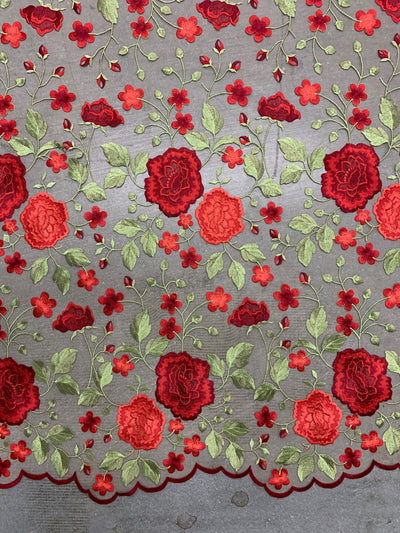 Iris RED Floral and Leaves Embroidery on NUDE Mesh Lace Fabric by the Yard - 10006