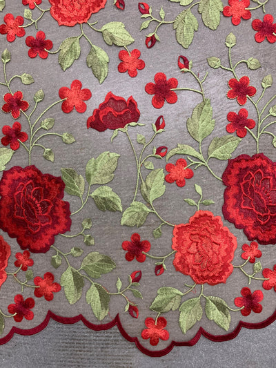 Iris RED Floral and Leaves Embroidery on NUDE Mesh Lace Fabric by the Yard - 10006