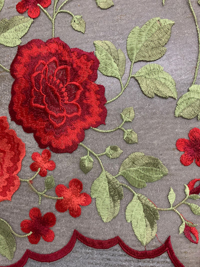 Iris RED Floral and Leaves Embroidery on NUDE Mesh Lace Fabric by the Yard - 10006