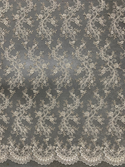 Melody CREAM Polyester Floral Embroidery with Sequins on Mesh Lace Fabric by the Yard for Gown, Wedding, Bridesmaid, Prom - 10002