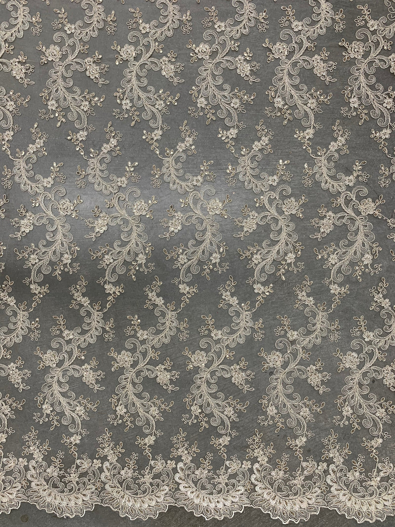 Melody CREAM Polyester Floral Embroidery with Sequins on Mesh Lace Fabric by the Yard for Gown, Wedding, Bridesmaid, Prom - 10002