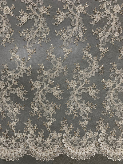 Melody CREAM Polyester Floral Embroidery with Sequins on Mesh Lace Fabric by the Yard for Gown, Wedding, Bridesmaid, Prom - 10002