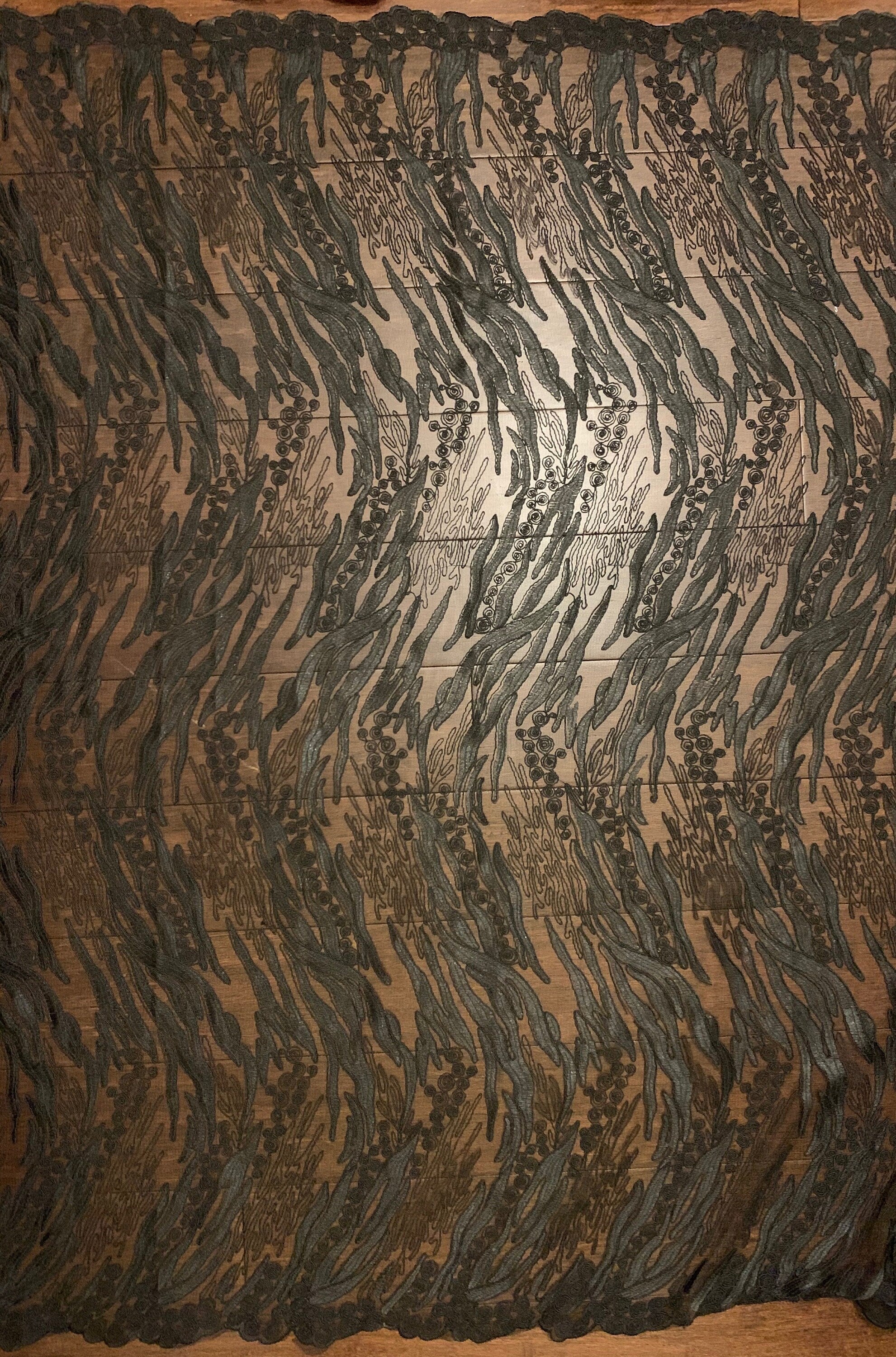 Katelyn BLACK Vines and Swirls Corded Embroidery on Mesh Fabric by the Yard - 10045